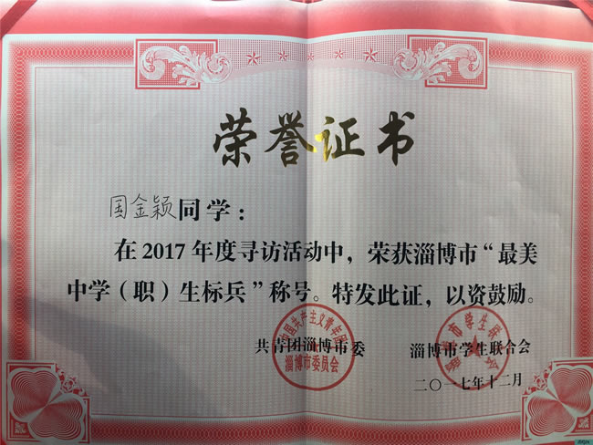 我校國金穎同學(xué)榮獲2017淄博市”最美中學(xué)生標(biāo)兵”榮譽(yù)稱號(hào)